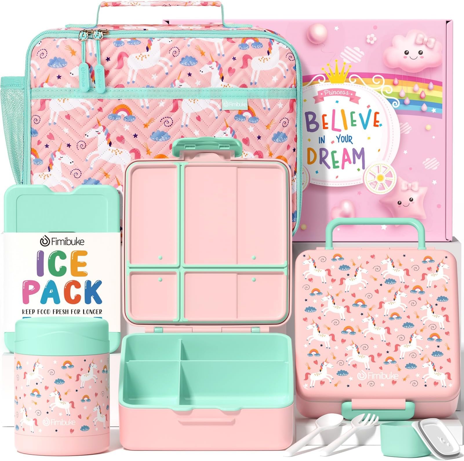 Kids Bento Snack Lunch Box with 4 Compartments, Insulated lunch Bag, Stainless Steel Thermo Food Jar, Ice Pack & Utensils, Unicorn Birthday Gifts for Age 3-12 Back to School Toddler Girl Boy