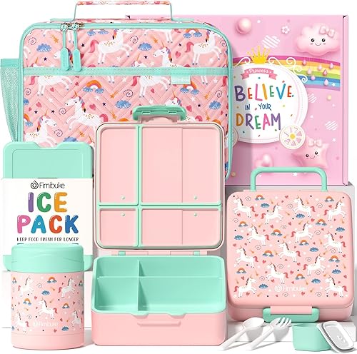 Miniatura 10 de Fimibuke Lonchera Bento para niños con 4 compartimentos, bolsa aislada, tarro de acero inoxidable al vacío para alimentos, paquete de hielo, juego