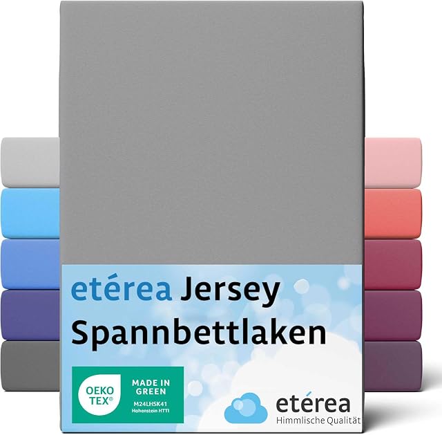 etérea Jersey Spannbettlaken 200x220cm Grau Oekotex Made in Green - 100% Baumwolle Jersey - Comfort Spannbetttuch - Bettlaken 200x200-200x220 cm Grau