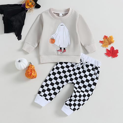 Miniatura 3 de Traje de Halloween para bebé niño pequeño, sudadera de manga larga con estampado de fantasmacalabaza, pantalones elásticos, 2 piezas, ropa de otoño