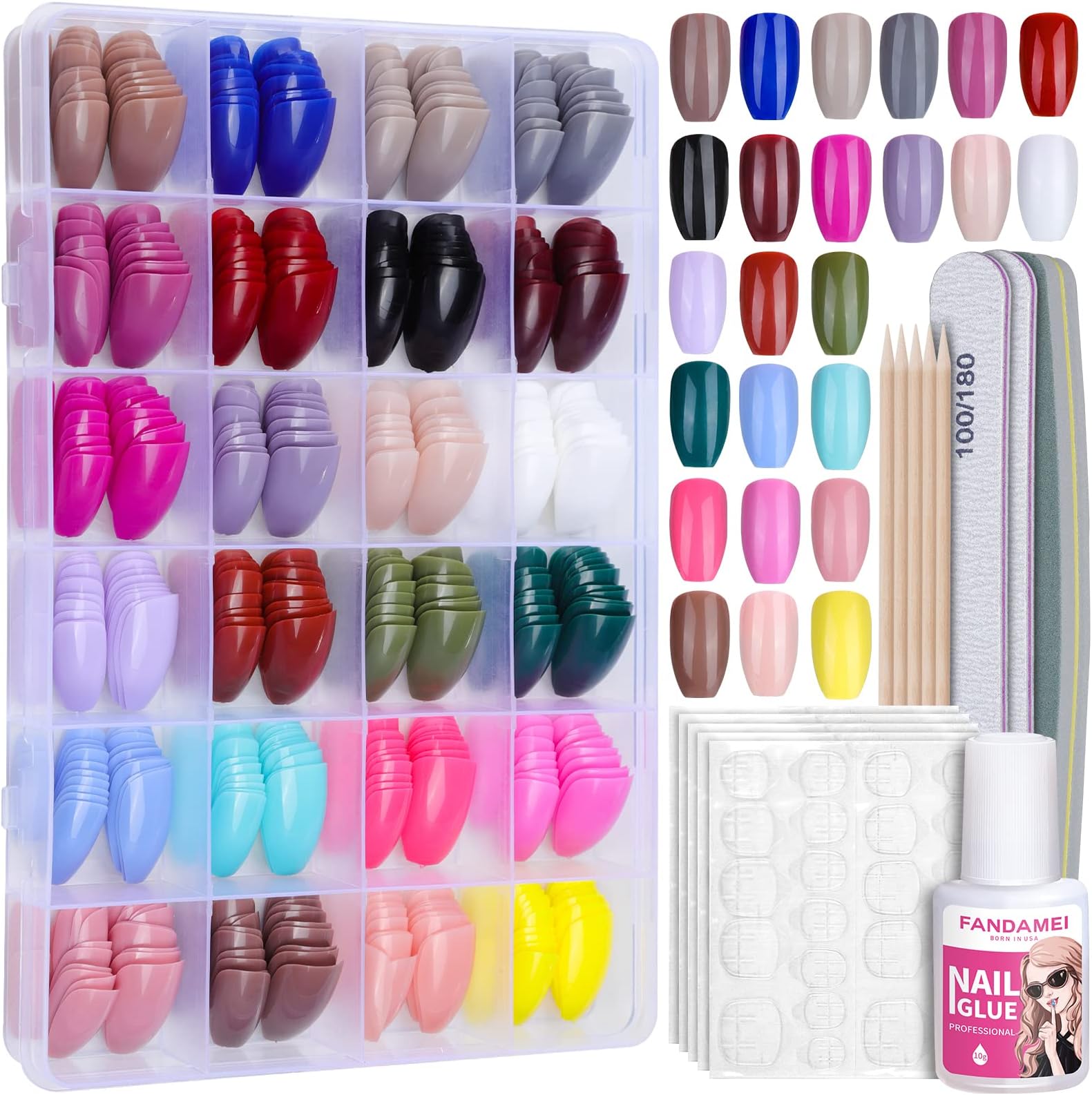 24 Pack 576PCS Press on Nails Medium Length, FANDAMEI Glossy Medium Coffin Fake Nails Full Cover, Acrylic Short Ballerina False Nail tips with Nail Glue, Nail Adhesive Tabs, Nail File for Nail Art DIY
