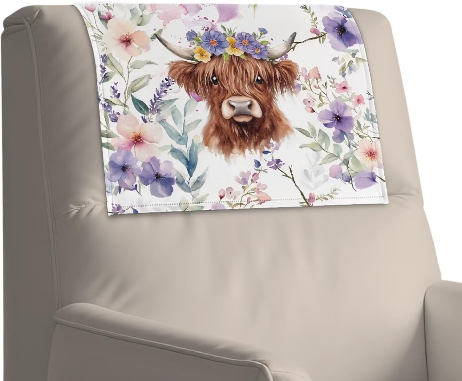 Wanyint Recliner Headrest Protector PU Leather Scratch Resistant Chair Headrest Cover Washable Furniture Protector with Hook and Loop Fasteners, 17x27 Inch, Highland Cow Floral Violet, Set of 3