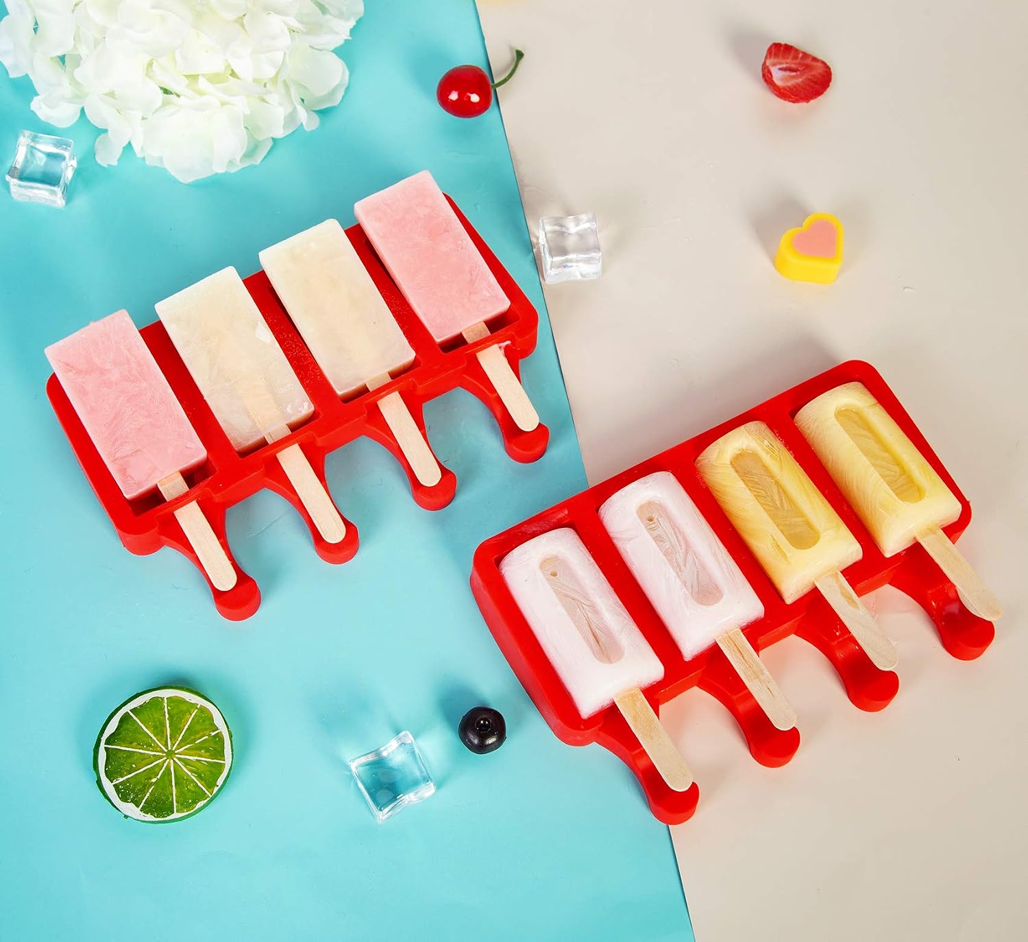 Ozera 2 Pack Popsicle Molds, Homemade Silicone Ice Cake Pop Molds Square 4 Cavities White, Cakesicle Baking Molds with 50 Wooden Sticks, 50 Popsicle Bags & 50 Sealing Lines (Red)