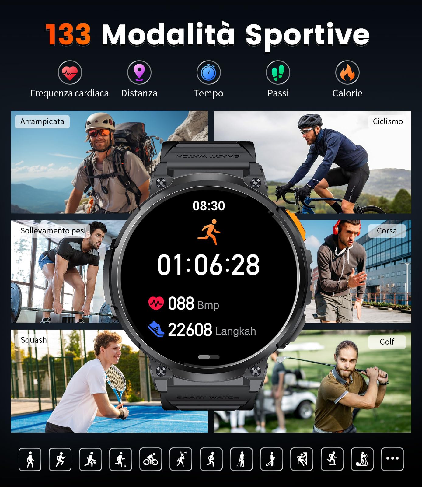 Smartwatch Uomo con 1,85'' Grande Schermo/730 mAh Batteria,Orologio Sportivo con Torcia,120+ Modalità Sportive,IP68 Impermeabile Smartwatch con 24/7 Monitor Frequenza Cardiaca/Sonno per Android iOS