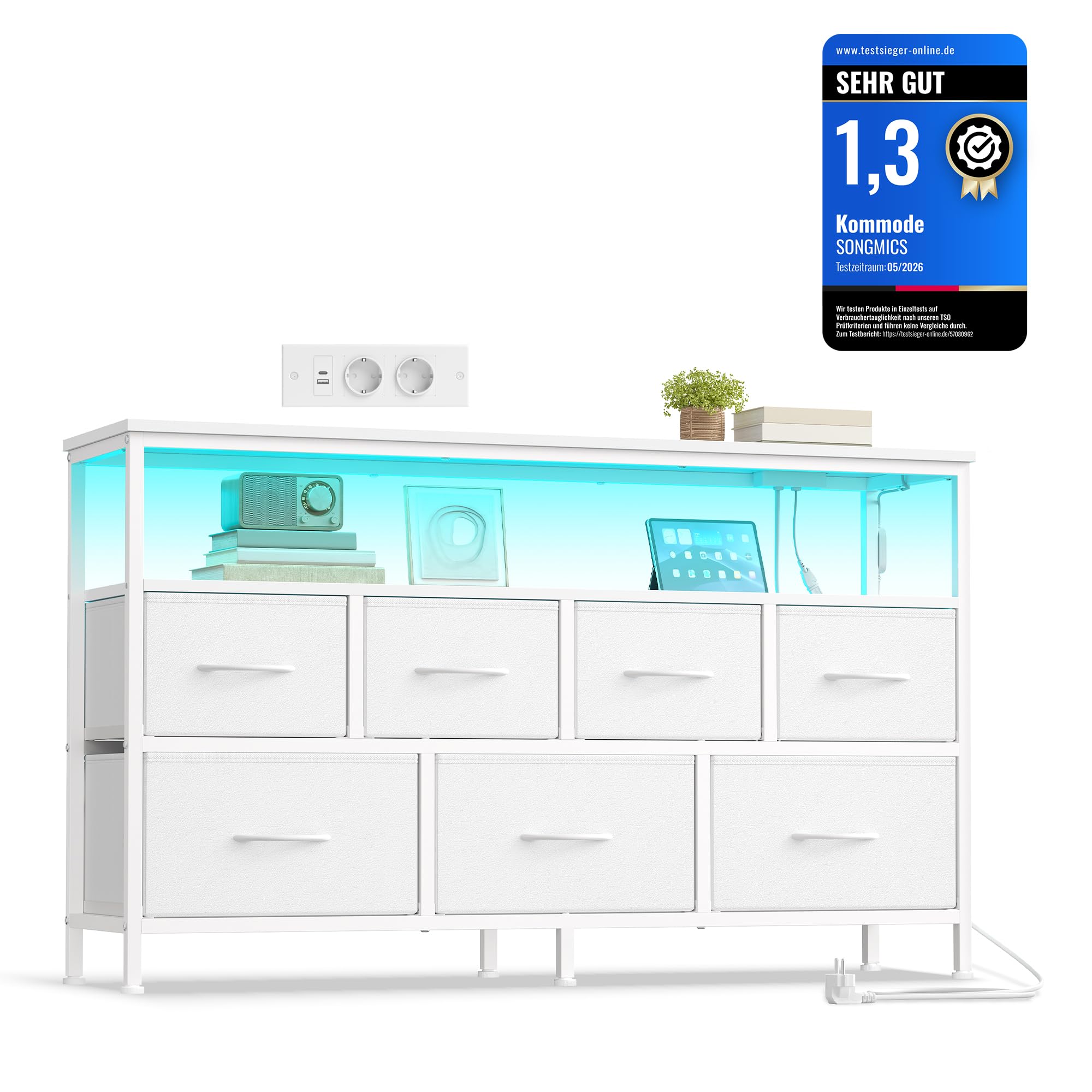 SONGMICS BELLAH Kollektion - Kommode, Schrank, App-gesteuerte LED-Beleuchtung, Sideboard mit Ladestation, 1 Ablage, 7 Schubladen, modern, wolkenweiß LGS733WH01
