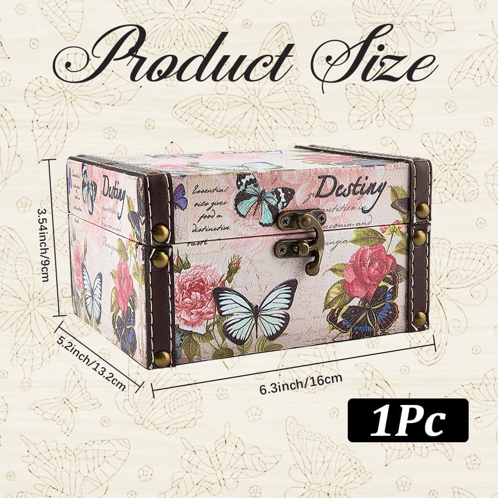 6.30 x 5.20 x 3.54 Inch Decorative Wooden Treasure Chest Box for Jewelry Trinkets Butterfly Floral Pattern Keepsakes Box Retro PU Leather Storage Case Organizer for Women Jewelry Earring