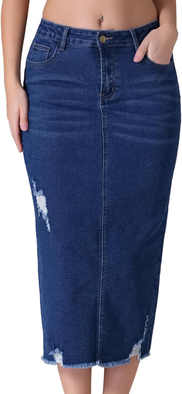 Women's Long Denim Skirt Mid Waisted Stretch Ripped Raw Hem Split Casual Pencil Midi Jean Skirts