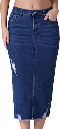 Womens Long Denim Skirt Mid Waisted Stretch Ripped Raw Hem Split Casual Pencil Midi Jean Skirts