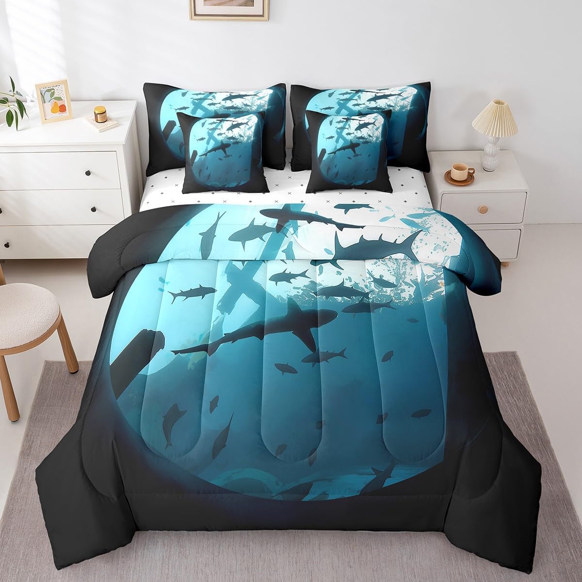 Erosebridal Shark 7 Piece Comforter Set Queen Size,Ocean Life Underwater World Bed in a Bag with Flat Sheet and Fitted Sheet,Watercolor Sea Wave Ombre Gradient Bedding Set with Pillowcase & Sham