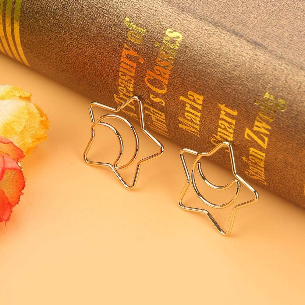 Golden Paper Clips,10Pcs Plastic Coated Electroplating Star Moon Paper Clips Funny Bookmark Marking Clips with Storage Cas for School Document Organizing Professional Work
