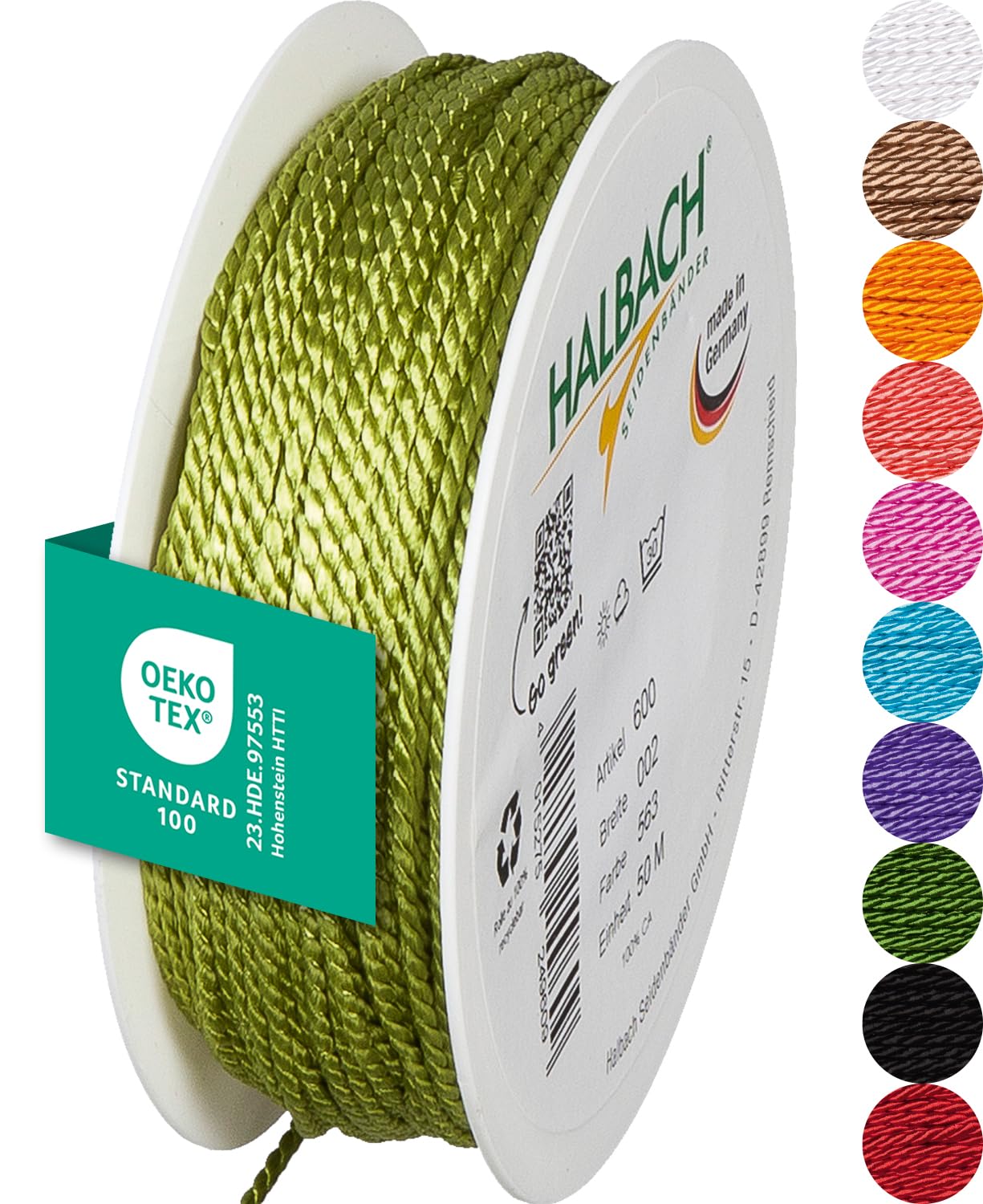 Halbach Seidenbänder Premium Kordel (grün) | Breite 2mm Länge 50m | Made in Germany & Öko-Tex Zertifiziert | glänzende Satinkordel aus Acetat