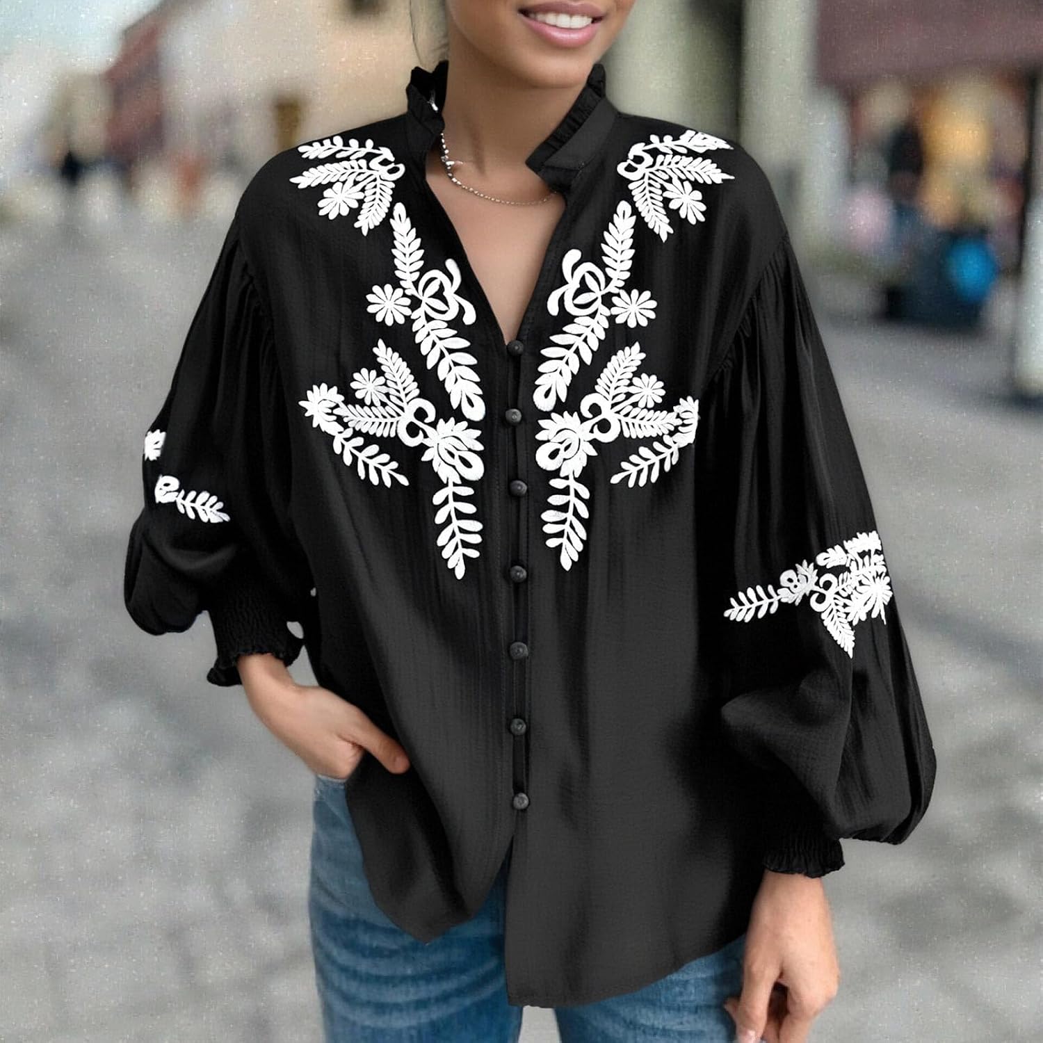 Button Down Shirt for Women Mexican Floral Embroidered Tops Long Sleeve Dressy Casual Collared Boho Peasant Blouses