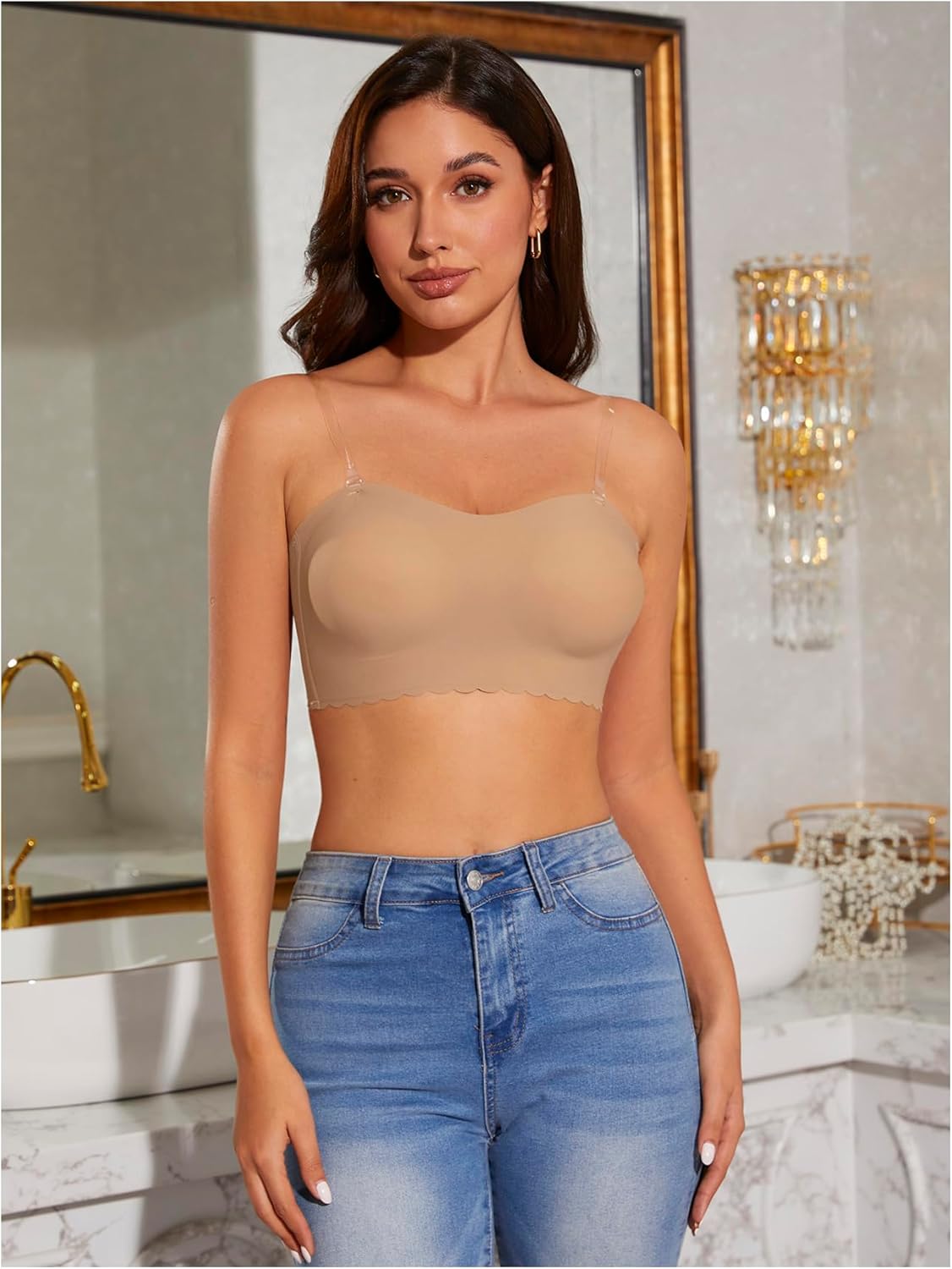 OYOANGLE Women's Scallop Trim Strapless Bandeau Bra Non Slip Padded Wireless Bralettes with Clear Straps - Image 6