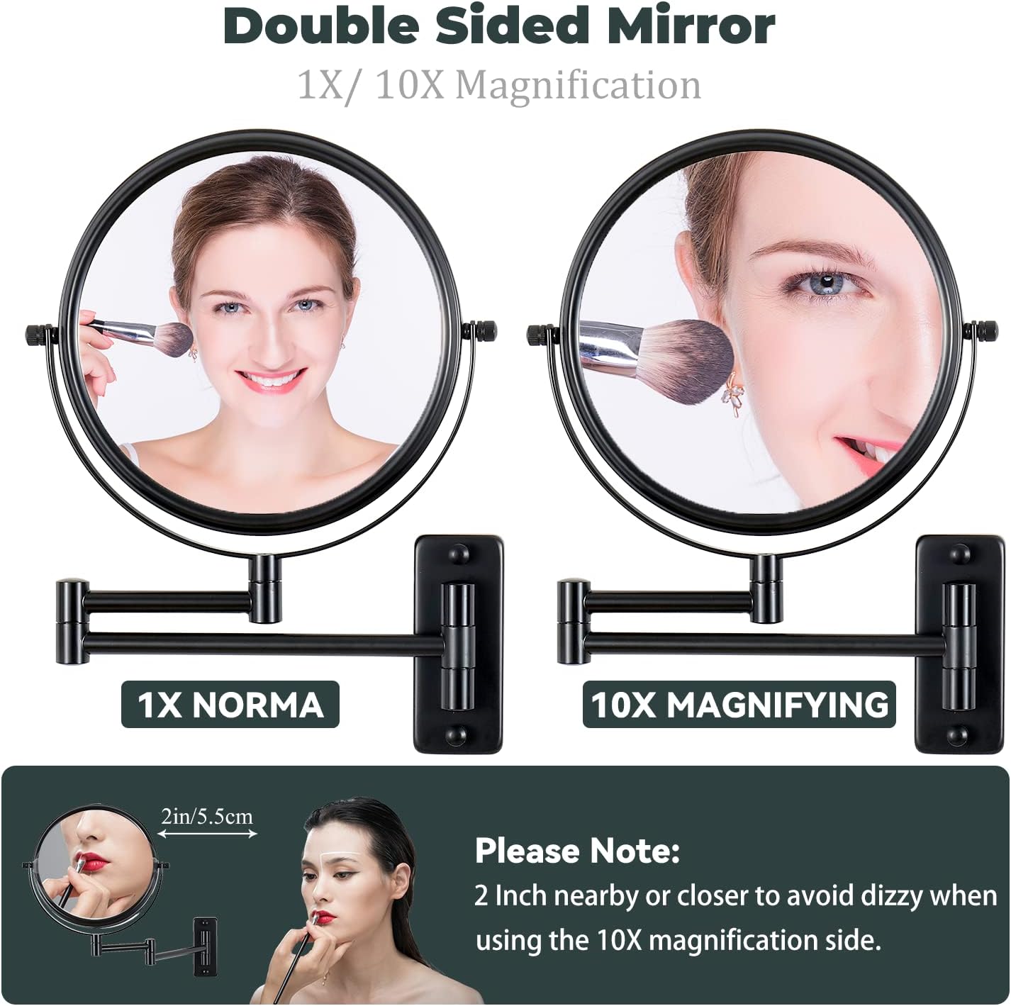 Wall Mounted Makeup Mirror, 1x/ 10x Magnifying Makeup Mirror, 8" Double Sided Make up Mirror with 360 Degree Swivel Extendable Arm, Home Bathroom Shaving Vanity Mirror (Black)