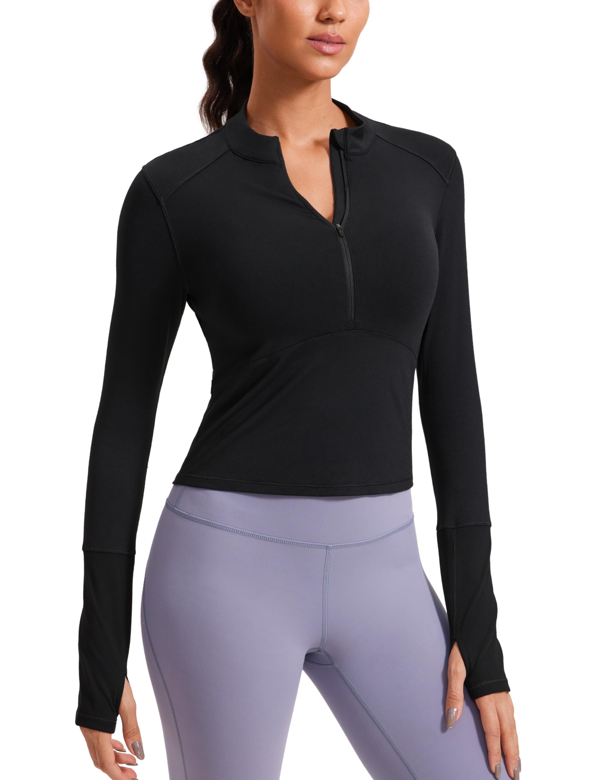 Women's Long Sleeve Crop Top Quick Dry Cropped Workout Shirts Half Quarter Zip Pullover Running Athletic Fall Shirt