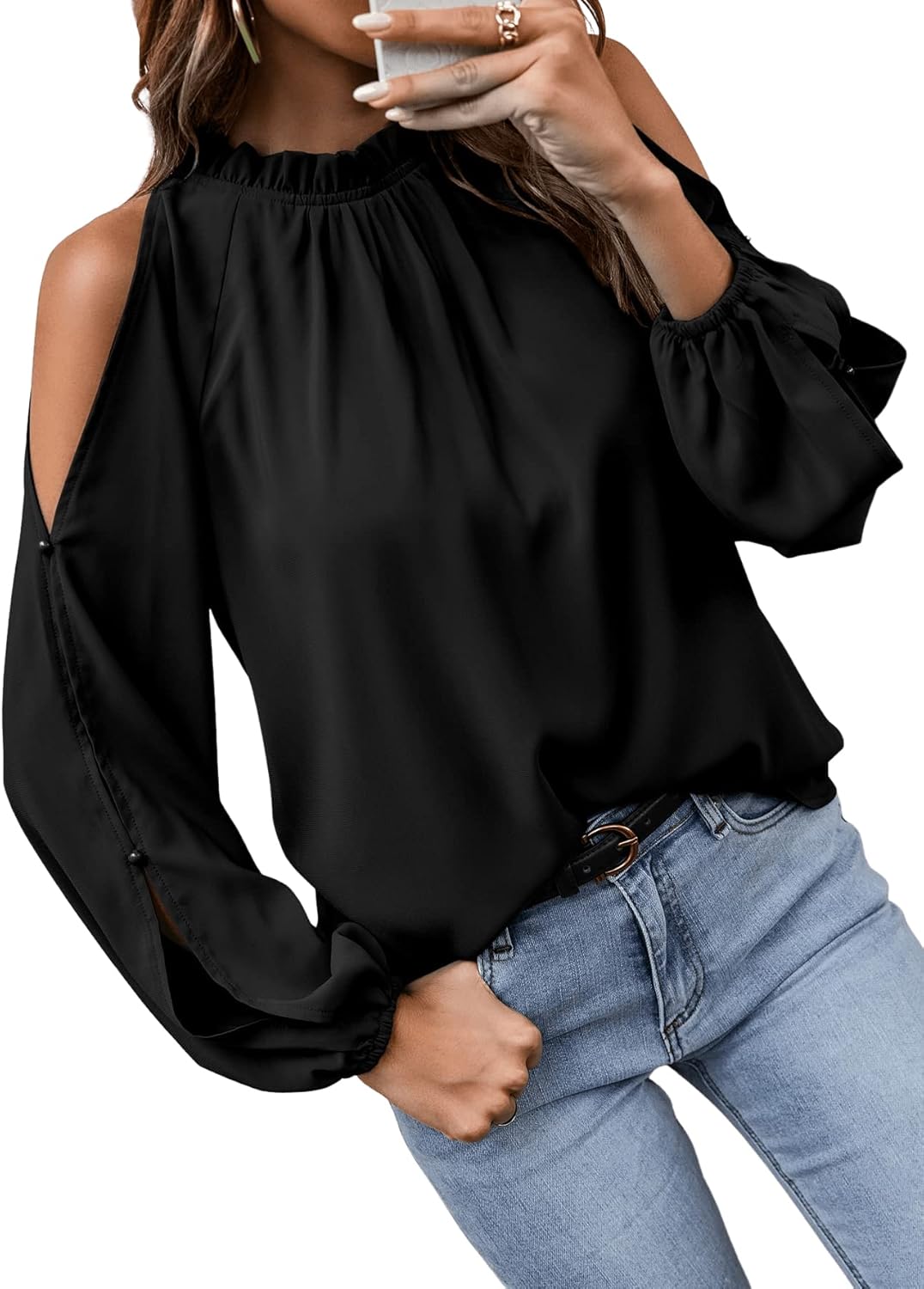 SweatyRocks Women's Casual Long Lantern Sleeve Cold Shoulder Top Cut Out Ruffle Trim Blouse - Image 5