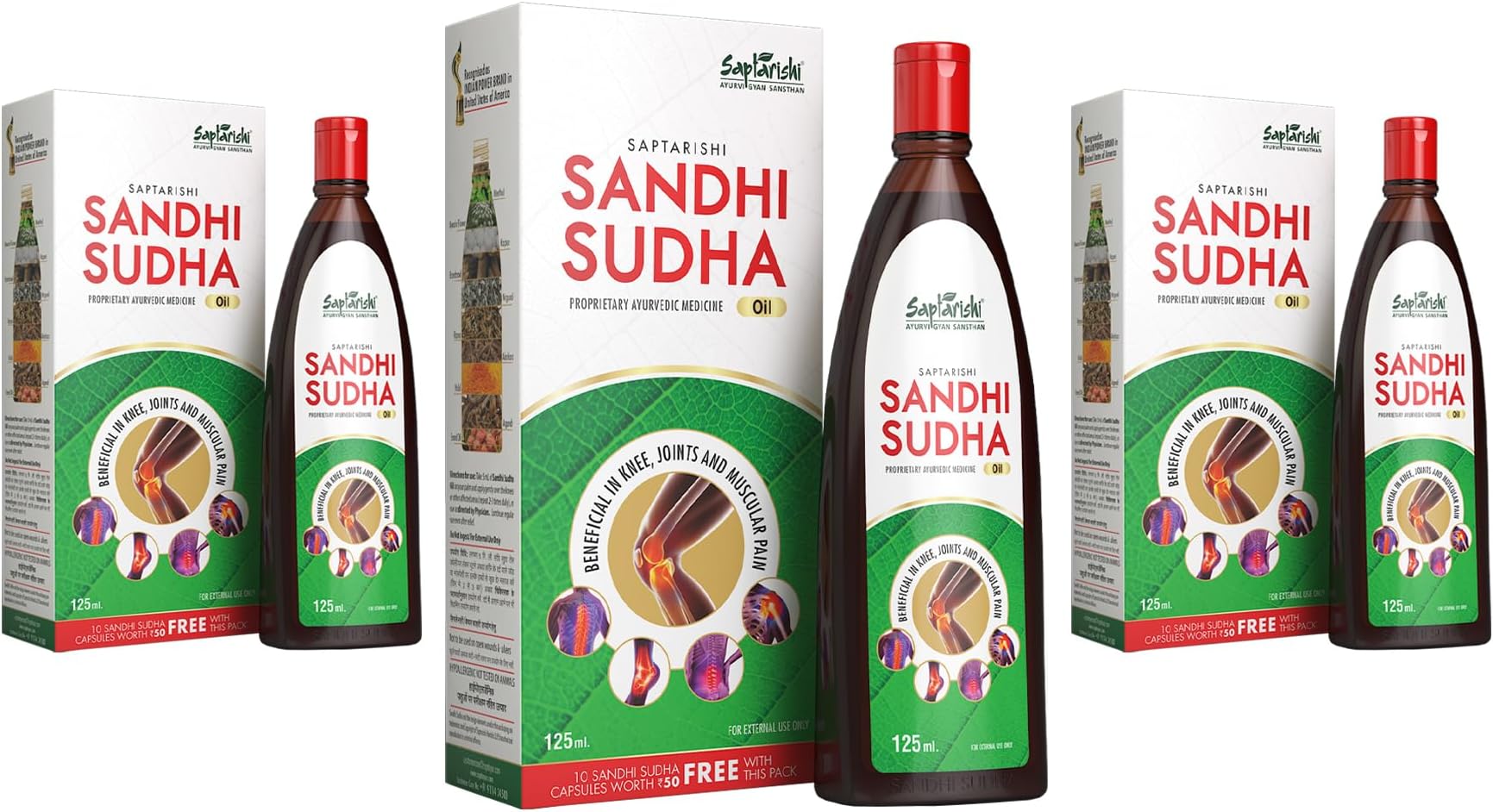 Sandhi Sudha Joint Pain Relief Oil,For Men And Women Joints Pain,Knee Pain,Neck Pain,Back Pain,Shoulder Pain,Muscles Pain|Pack Of 3 Units,125X3 (375Ml.) + 30 Sandhi Sudha Capsule Free