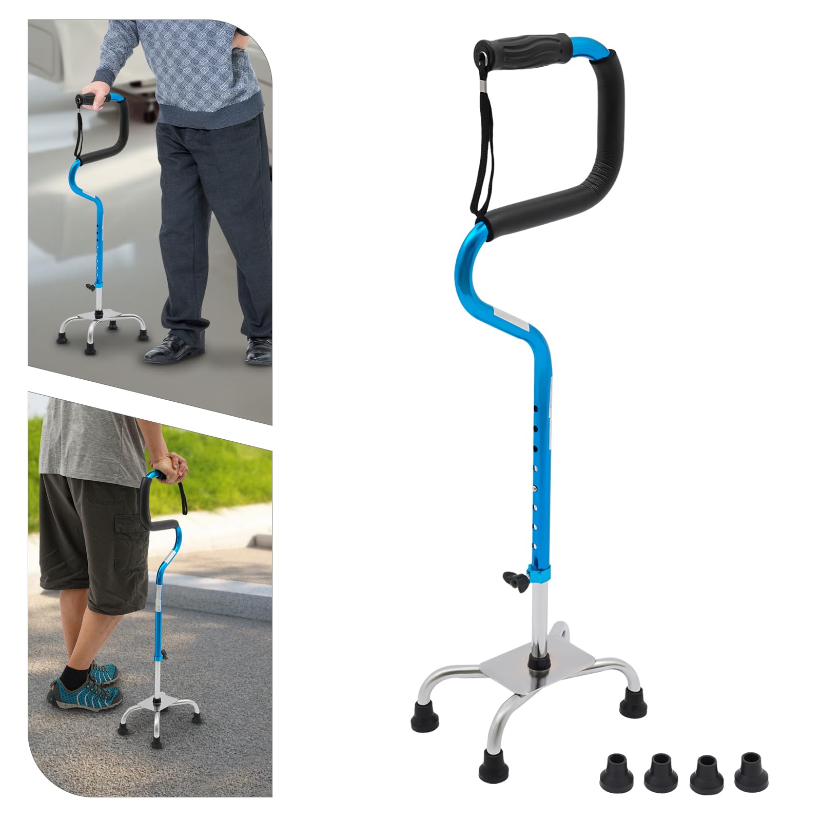 Bastón de cuatro patas con mango ergonómico, bastón ajustable, altura aplicable 1,5-1,85 m