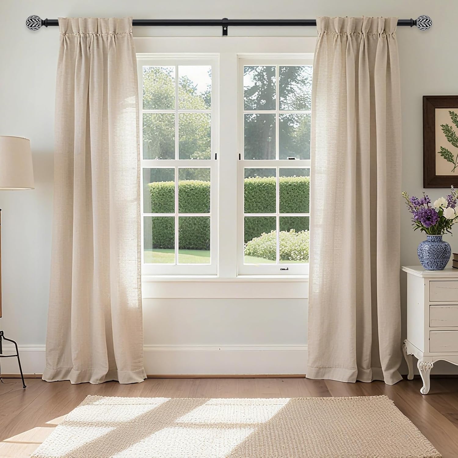 Long Black Curtain Rod, Boho Decorative Curtain Rods for Windows 66 to 120 Inch with Handmade Leaf Finials, 1 Inch Adjustable Heavy Duty Rustic Farmhouse Window Treatment Rods, Easy Install
