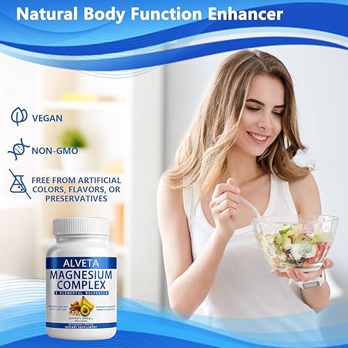 Miniatura 5 de Complejo de magnesio Alveta, 8 formas elementales de magnesio para el bienestar diario muscular, óseo y general - 90 cápsulas, 1000 mg