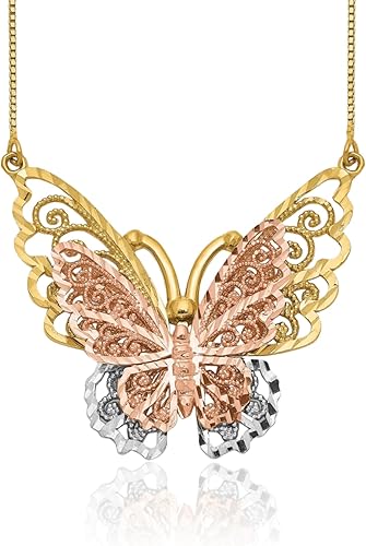 Collar de cadena de alas de mariposa de oro rosa sólido amarillo sólido de 14 quilates