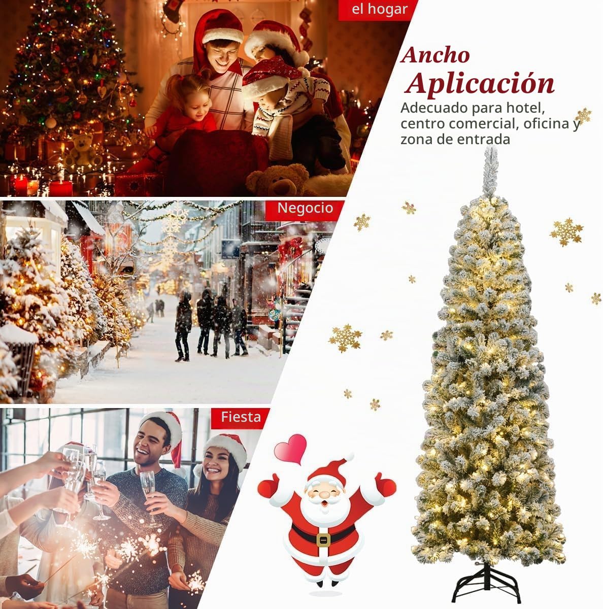 GOPLUS 135/180/225 cm Árbol de Navidad Artificial con Luces LED & Nieve & Soporte de Metal Plegable, Decoración Navideña de Árbol Nevado Esbelto y Flocado (180 cm)