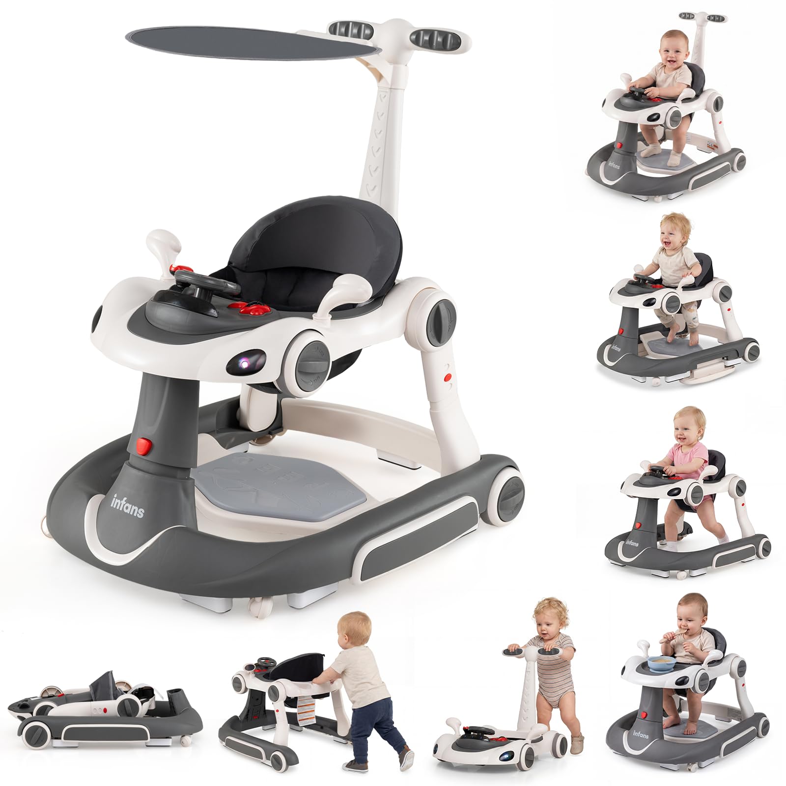 INFANS 7-in-1 Foldable Baby Walker, Converts Push Car to Bouncer, Rocker with Music, Lights, Adjustable Height & Speed, Activity Center, Canopy for 7-18 Months (Grey White) โ image 1