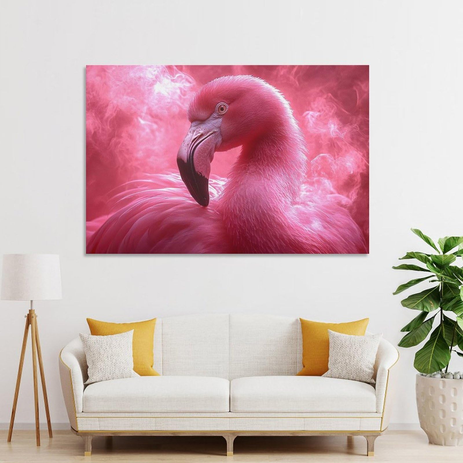 Junmoney Unframe-Style-17 Canvas Art Print Pink Flamingo Portrait With Smoky Background, 16X24inch(40X60cm), For Office, Study Or Home Workspace, Wall Art That Adds Style To Work Areas