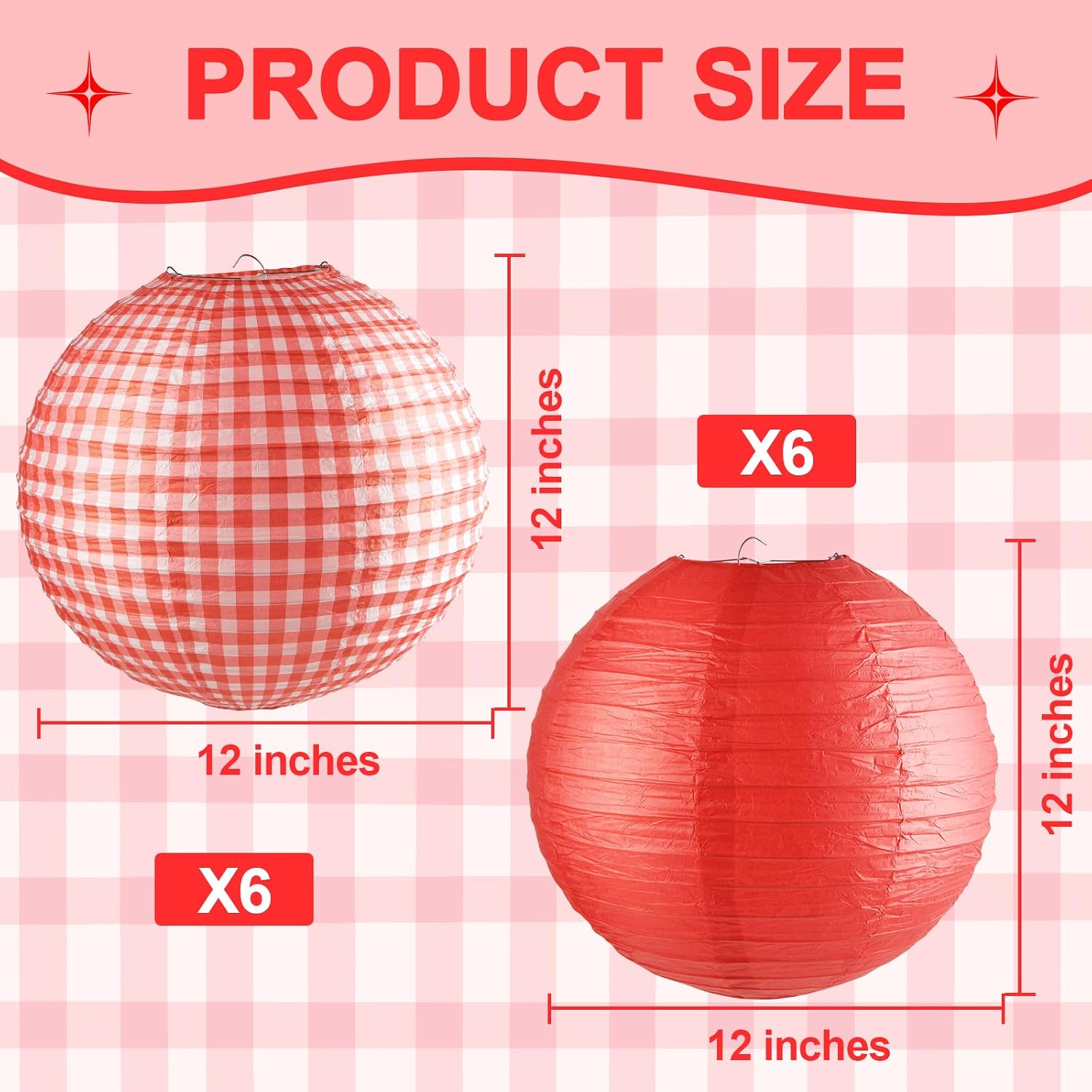 12 Pieces Picnic Party Decorations Include 6 Chinese Red Paper Lanterns & 6 Checkered Paper Lanterns Round with Hanging Hook for Picnic Ceiling Decor Carnival I Do BBQ Party Favor, 12 inches