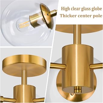 Bagood Mid Century 3-Light Clear Globe Glass Gold Chandelier 19 Inch Modern Brass Semi Flush Mount Ceiling Lights Modern Light Fixtures Ceiling Lights Fixture for Bedroom Living Room Hallway Entryway