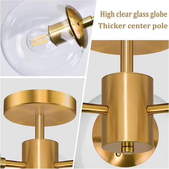 Bagood Mid Century 3-Light Clear Globe Glass Gold Chandelier 19 Inch Modern Brass Semi Flush Mount Ceiling Lights Modern Light Fixtures Ceiling Lights Fixture for Bedroom Living Room Hallway Entryway
