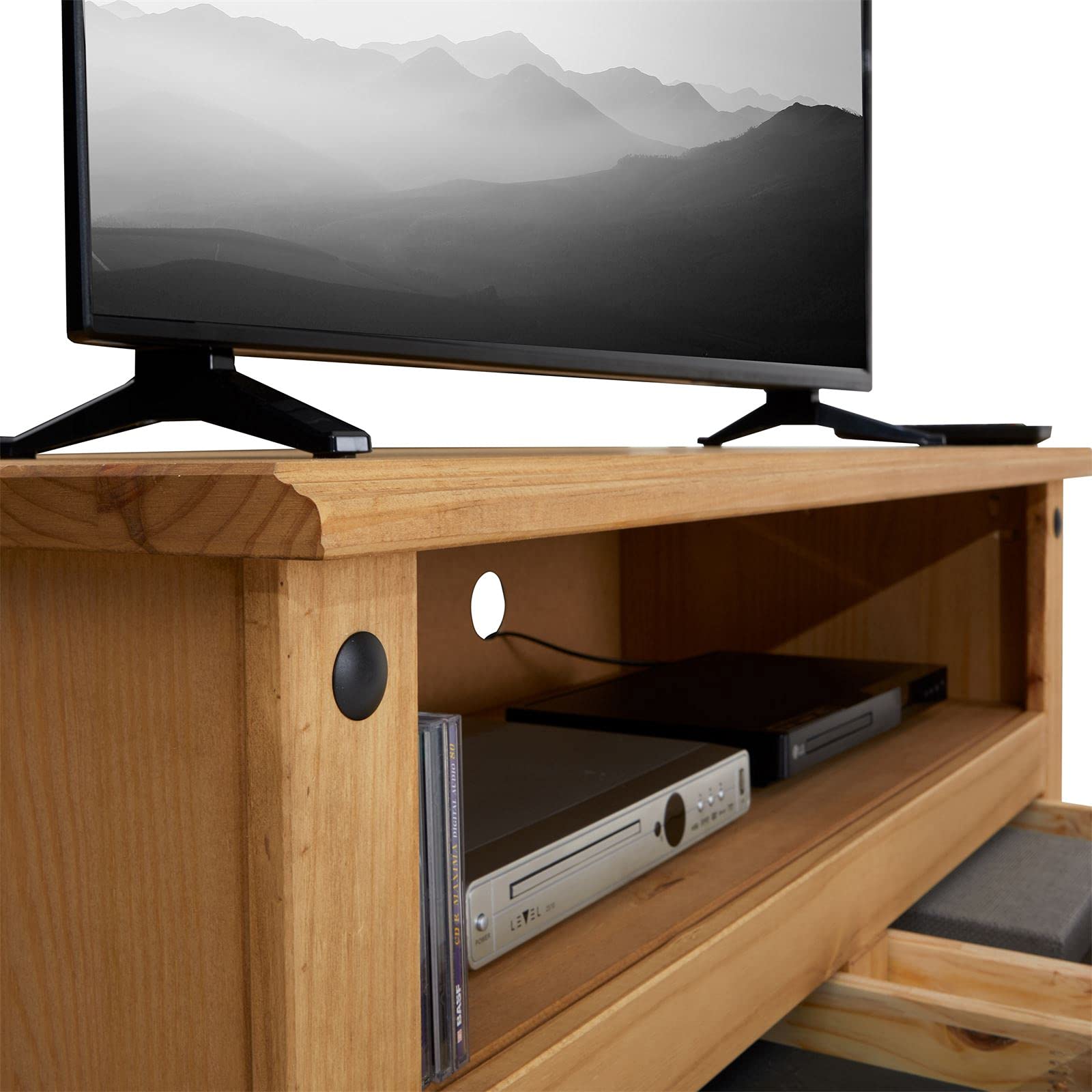TV Lowboard Salsa 110 cm Fernsehtisch Mexiko Möbel Kiefer massiv gebeizt und gewachst, 2 Schubladen, 1 offenes Fach