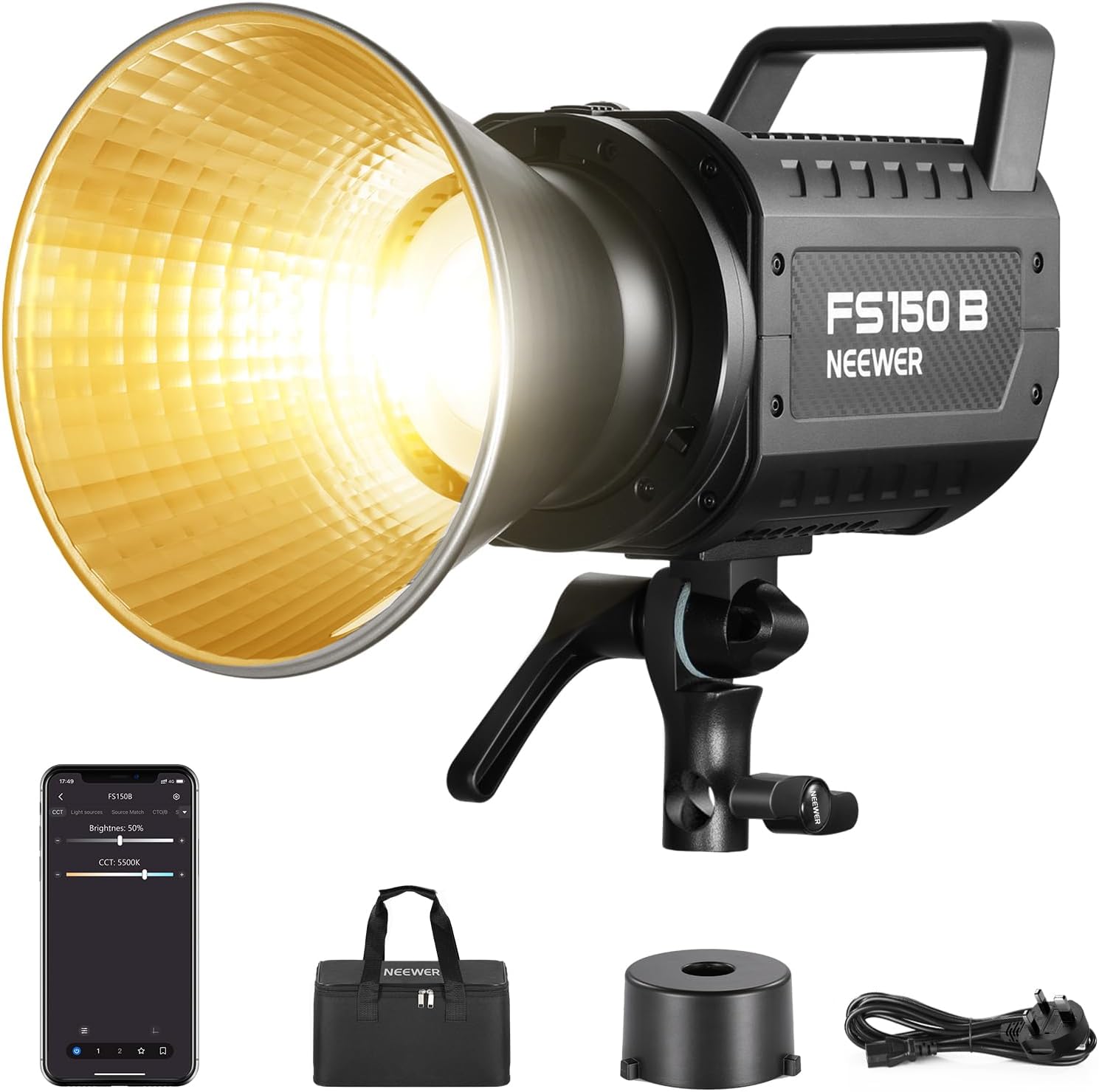 – FS150B Video Light with 2.4G/APP Control,130W Bi Color COB Silent Filming Continuous Output Lighting with 4 Types Precise Dimming, 72000lux/1m, 2700K-6500K, CRI 97+,12 Effects, Bowens Mount
