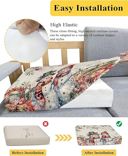 Miniatura 5 de Fundas de cojín para sofá de Navidad con diseño de muñeco de nieve rojo, funda elástica para sofá con parte inferior elástica, bolas de Navidad,