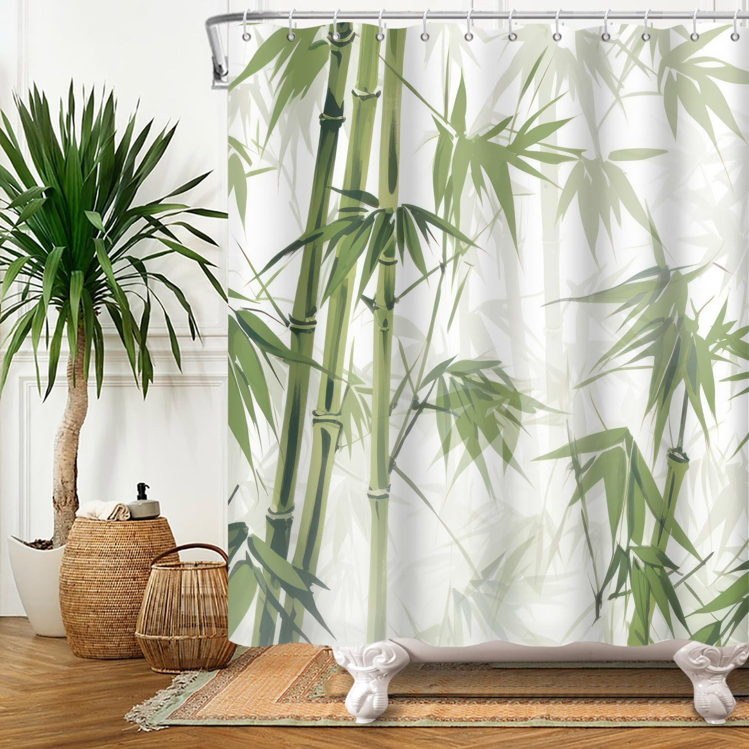 DASHAN Green Bamboo Shower Curtain Japanese Asian Shower Curtains for Bathroom Zen Spa Bath Curtain Fabric Shower Curtain Watercolor Leaf Bathroom Curtain 72"x84"