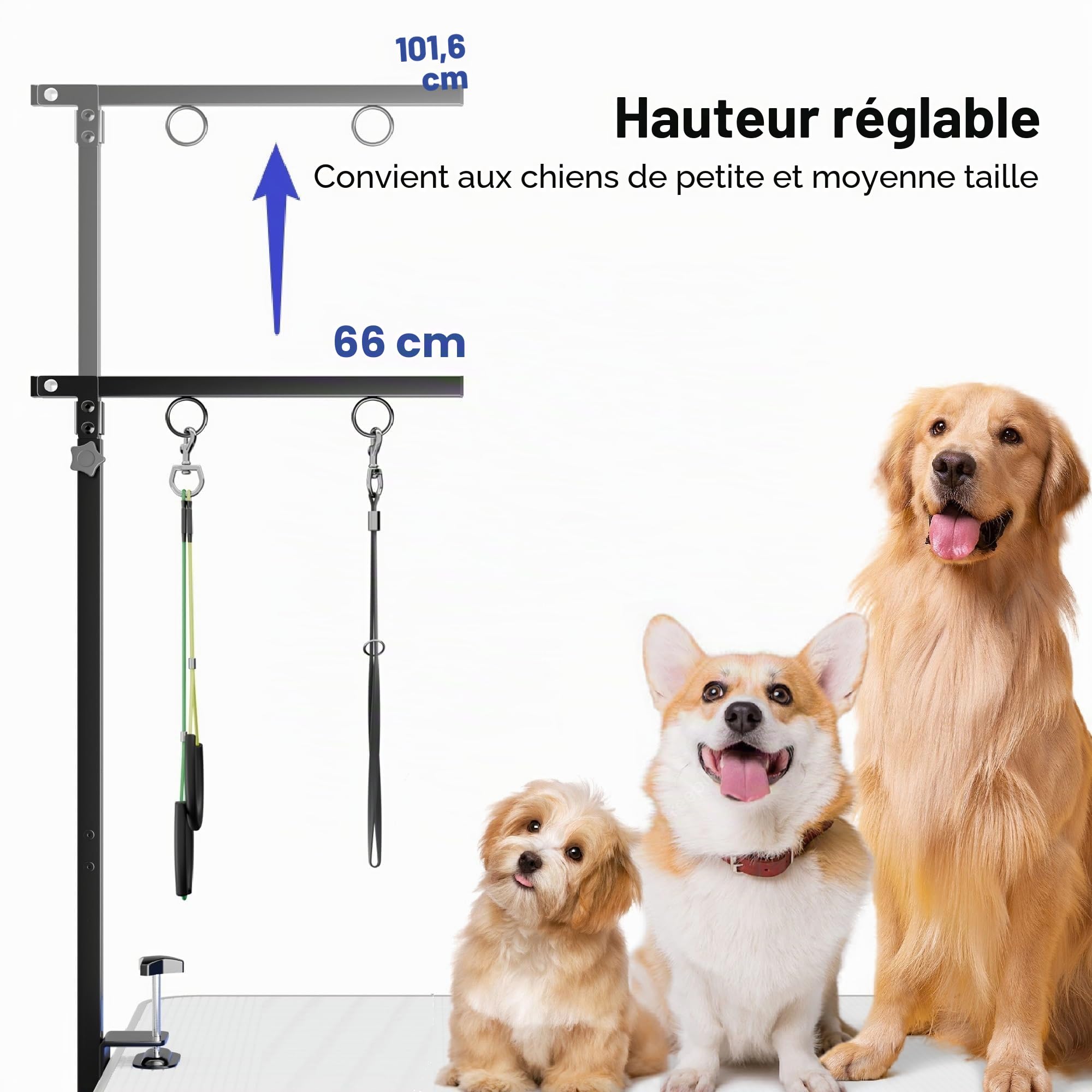 Bras de Toilettage Pliable pour Chien avec Pince – Hauteur Réglable 66–102 cm, Bras de Table avec Hamac et Attaches Anti-Assis, Système de Maintien pour Chiens Petits et Moyens