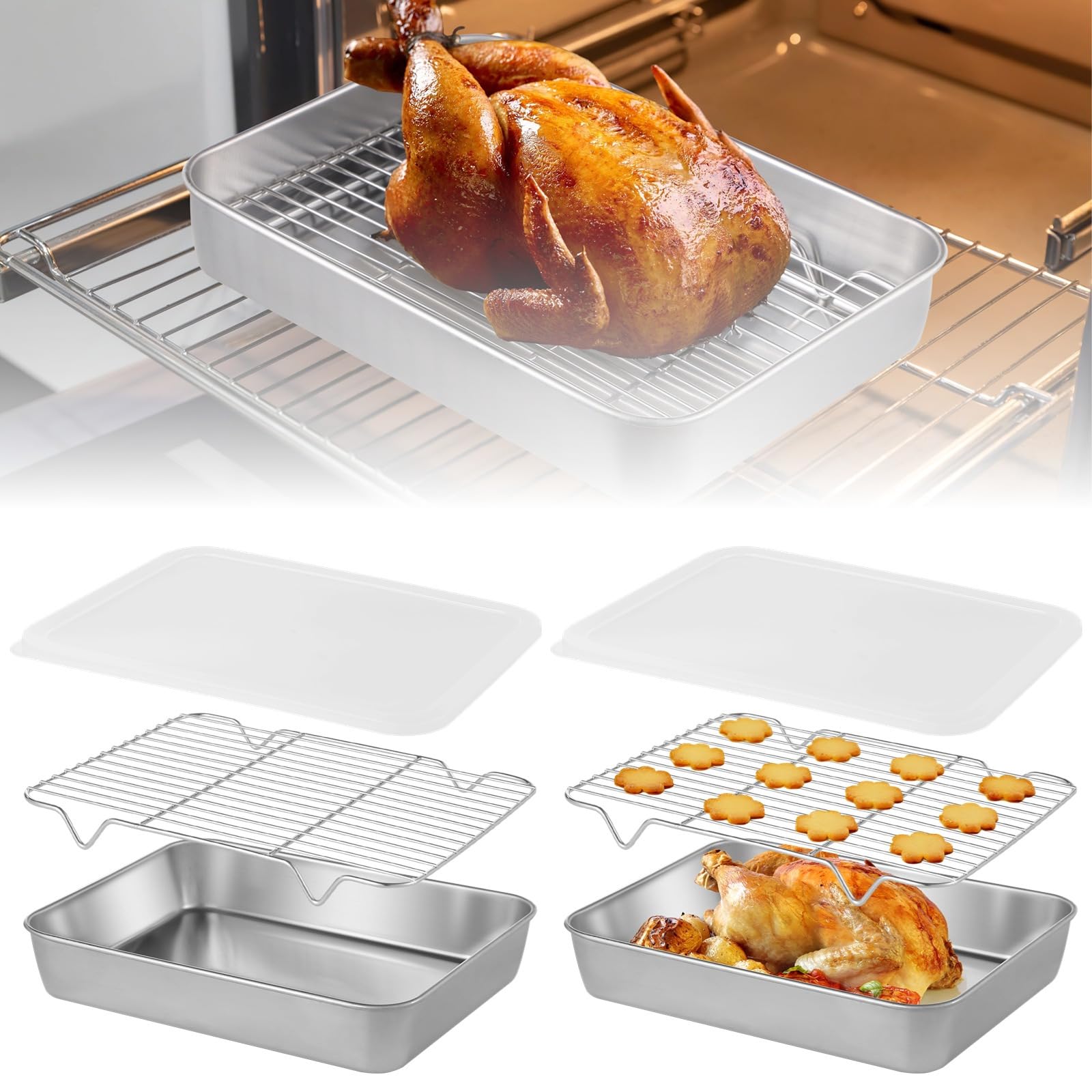 Set di 2 teglie da forno in acciaio inox con coperchi ermetici e griglie di raffreddamento, 3 in 1 per cucinare, arrostire, servire