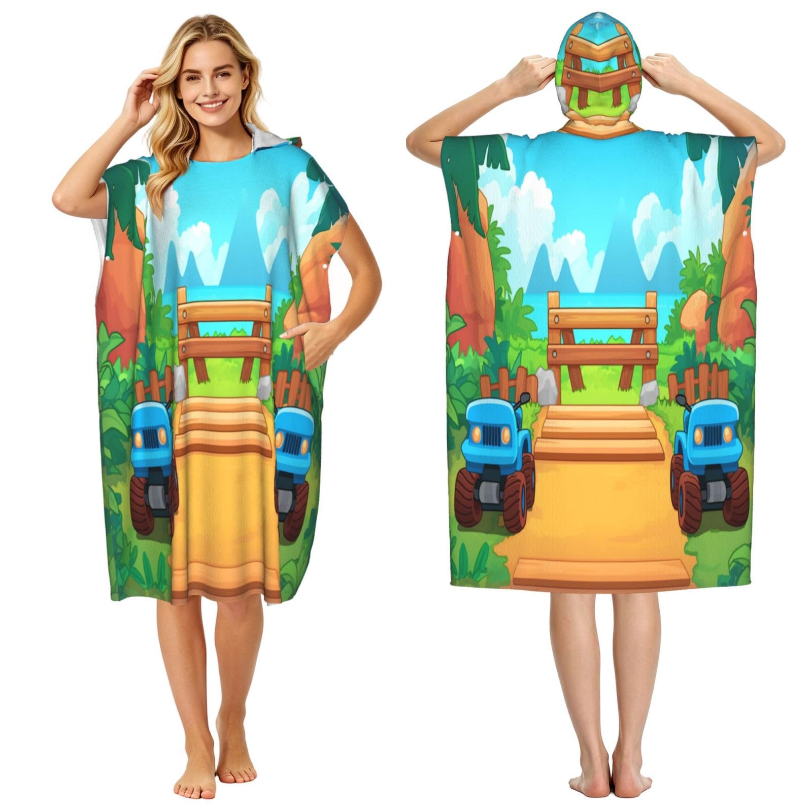 DTHKJNLSF Cartoon Seaside Park Adult Hooded Beach Poncho Towel