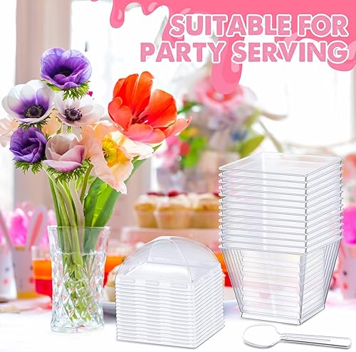 Miniatura 3 de Mimorou 150 mini vasos cuadrados de plástico para postres, 3 onzas, taza de plástico transparente para aperitivos con tapas y cucharas para postres