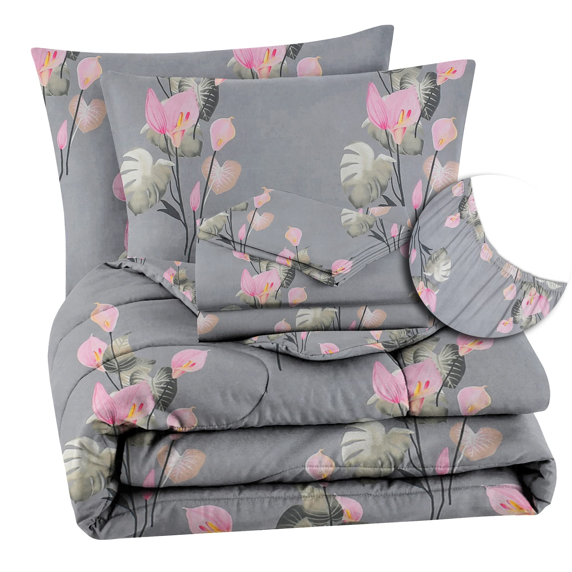 VAS COLLECTIONS 350TC Floral Cotton Feel AC Comforter Set King Size Double Bed with 1 Fltted bedsheet & Two King Pillow Covers, 4 Pieces Bedding Set (90x100 inch & 72x78 inch, Grey & Pink)-image-39