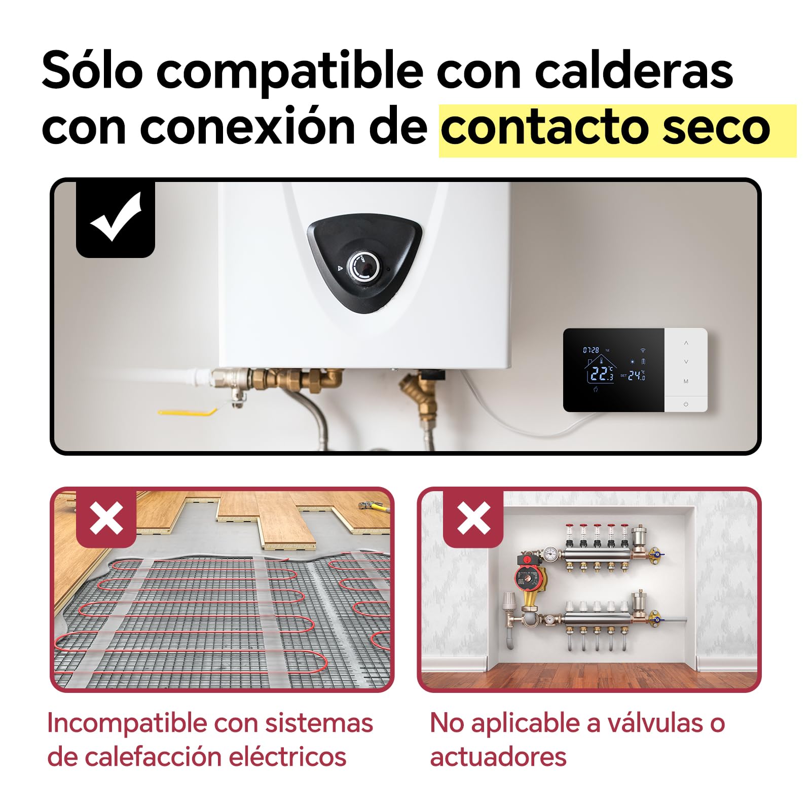 termostato de batería WiFi de 2 Hilo para Control de calderas de Gas Termostato Tuya programable Diariamente, Compatible con Control por Voz de Google y Alexa.W506 3A