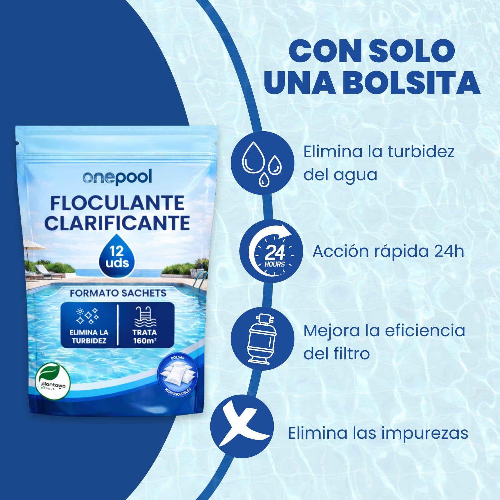 PLANTAWA Flocculante in polvere 12 bustine | Flocculante Chiarificante per Piscine, Equivale 1,5 KG, Eliminatore Turbidità, con Ingredienti Origine Naturale, Vegano, Tutti i Tipi Piscine, SPA