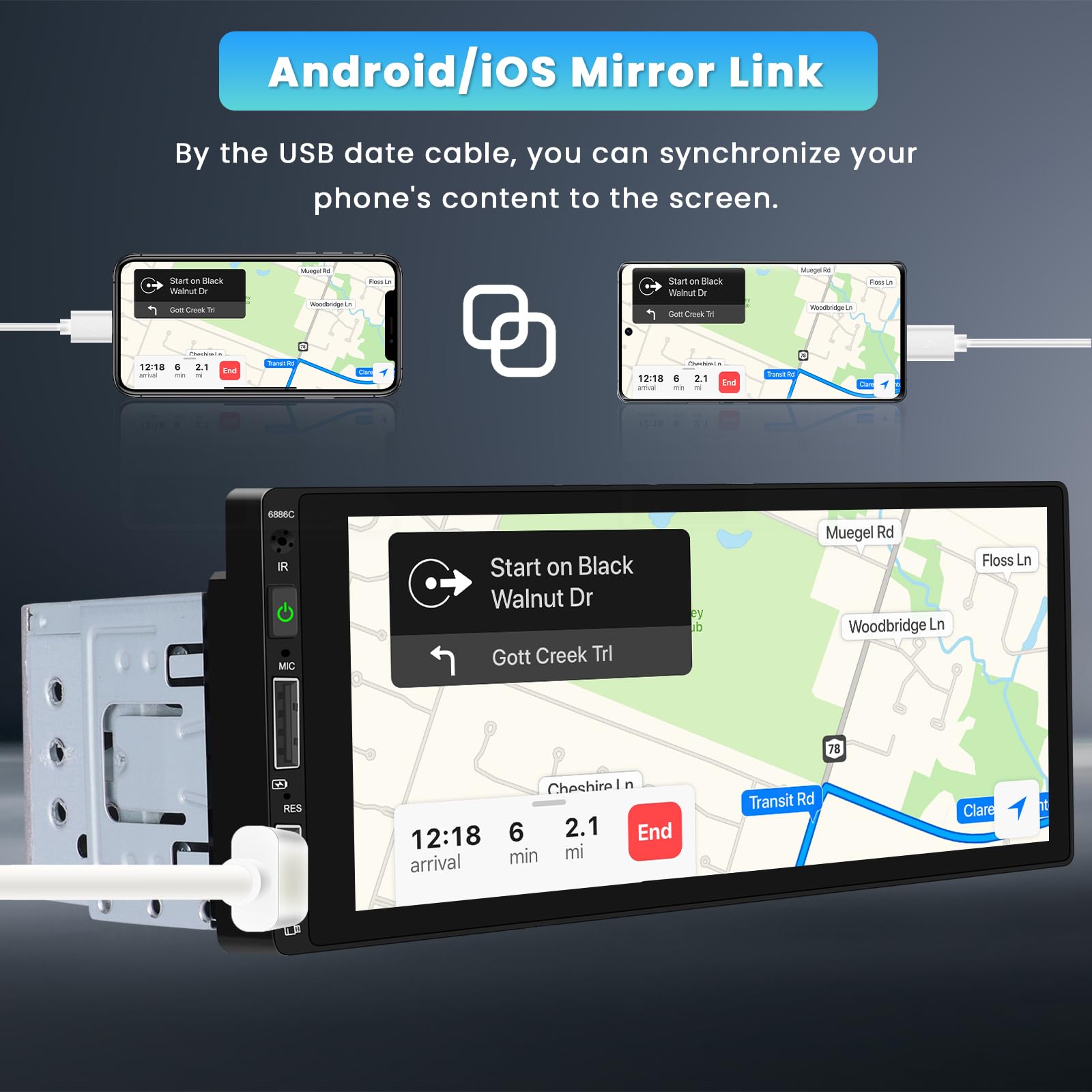 Inefala Wireless Carplay Radio Coche Bluetooth Pantalla 1 DIN con Android Auto inalámbrico, 6,9" Pantalla Táctil Autoradio Bluetooth con Mirror Link FM USB Type-C Mic SWC Cámara Trasera — view 3