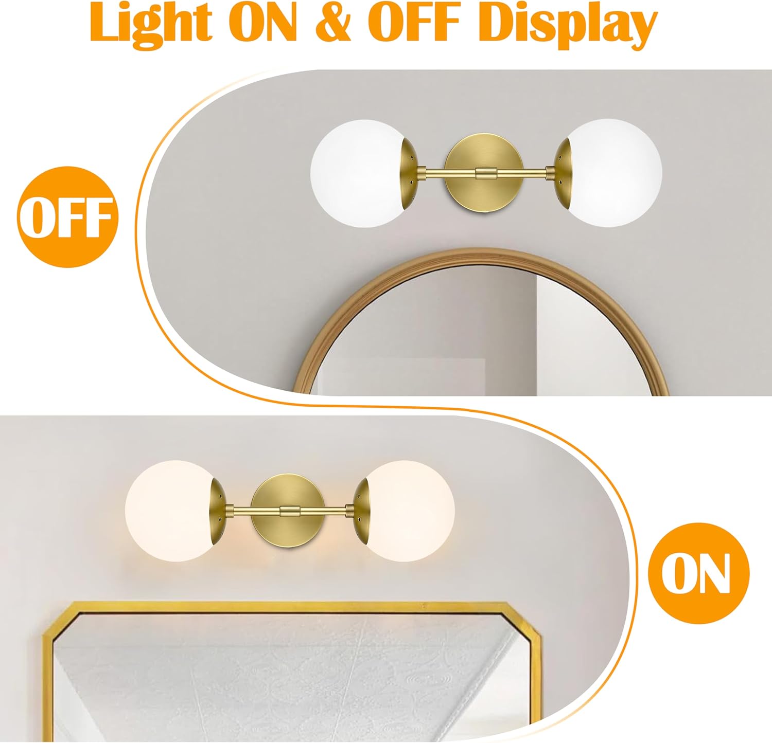 KoKo&Yukina Mid Century Modern Bathroom Lights Gold Vanity Light Fixtures Globe Sconce 2-Light Bathroom Gold Vanity Light Mid Century Glass Globe Wall Lights