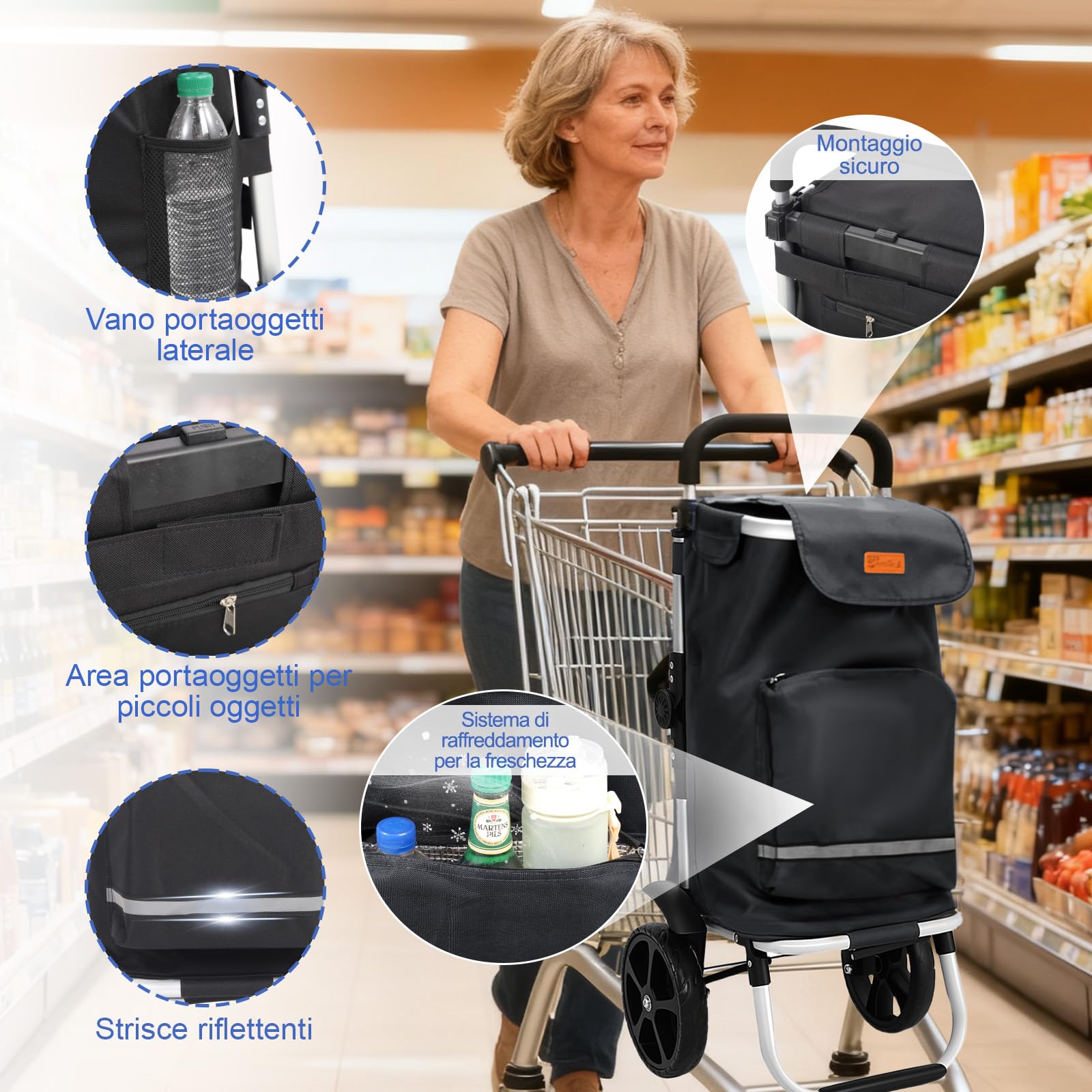 Sekey Chariot de Courses Pliable avec Sangle de Fixation, Caddie Isotherme 3 en 1 avec Sac à Bandoulière et Porte-Bouteille, Trolley et Diable Pliable Idéal pour les Courses et le Camping – Noir