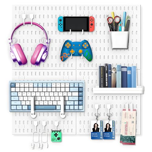 White Pegboard Kit Wall Organizer Panels with Bins Hooks Shelves