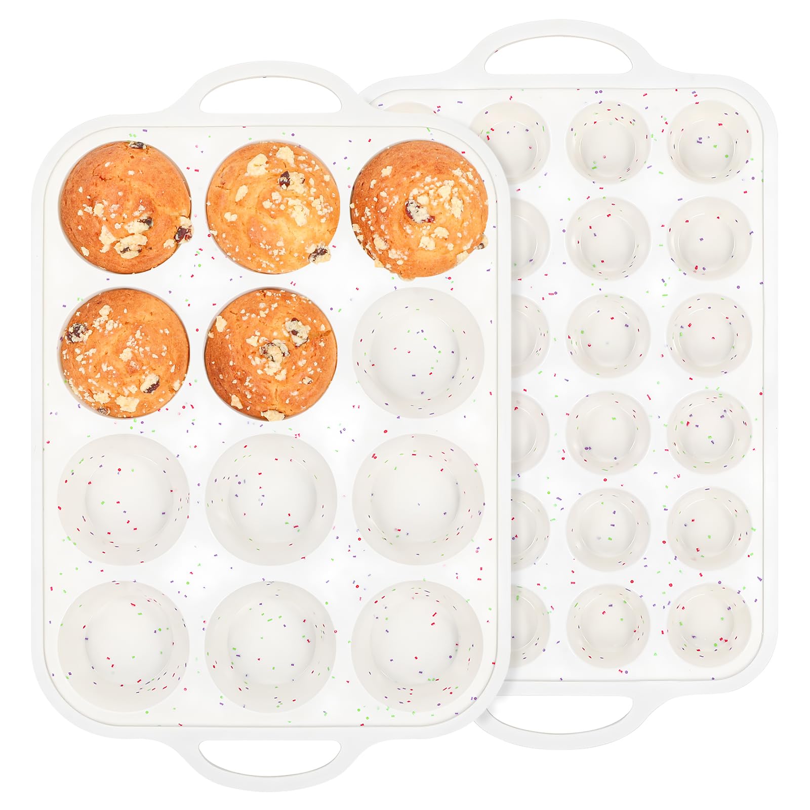 Silicone Muffin Pan with Metal Reinforced Frame - 12 Cups Muffin Pan With 24 Cups for Homemade Muffins, Cupcakes, Oven and Dishwasher Safe - Set of 2, Rainbow Dots