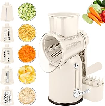 Rotary Cheese Grater with Handle: 5-in-1 Cheese Grater Hand Crank, Strong Suction Base for Fruit Vegetables Nuts with Blade Storage Box (White)