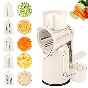 Rotary Cheese Grater with Handle 5-in-1 Cheese Grater Hand Crank Strong Suction Base for Fruit Vegetables Nuts with