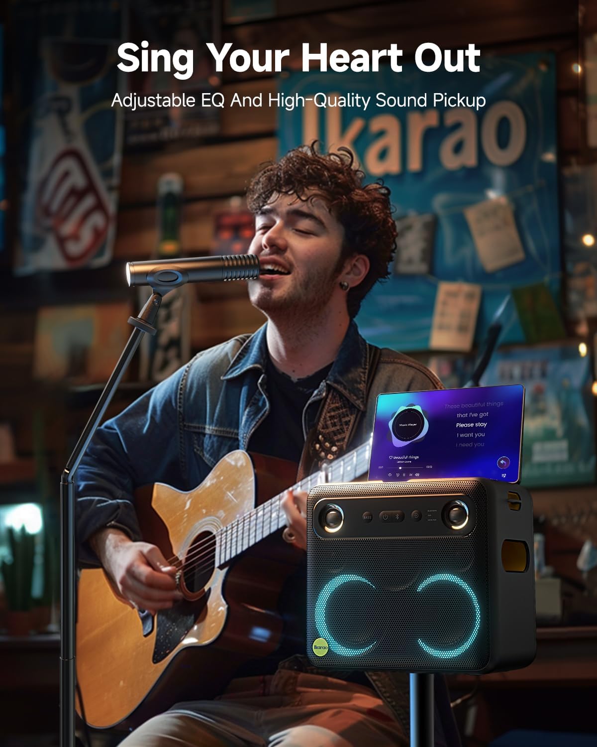 Ikarao Supporto per Altoparlanti regolabile 91-119 cm, Treppiede robusto in acciaio al carbonio, innesto 35 mm, portata 30 kg, per macchina karaoke, PA, DJ e feste, Nero